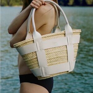 DeMellier Natural Straw Tote with White Leather Trim